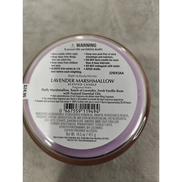 Bath & Body Works Lavender & Marshmallow 3 wick Candle 14.5oz  New - Picture 2 of 4